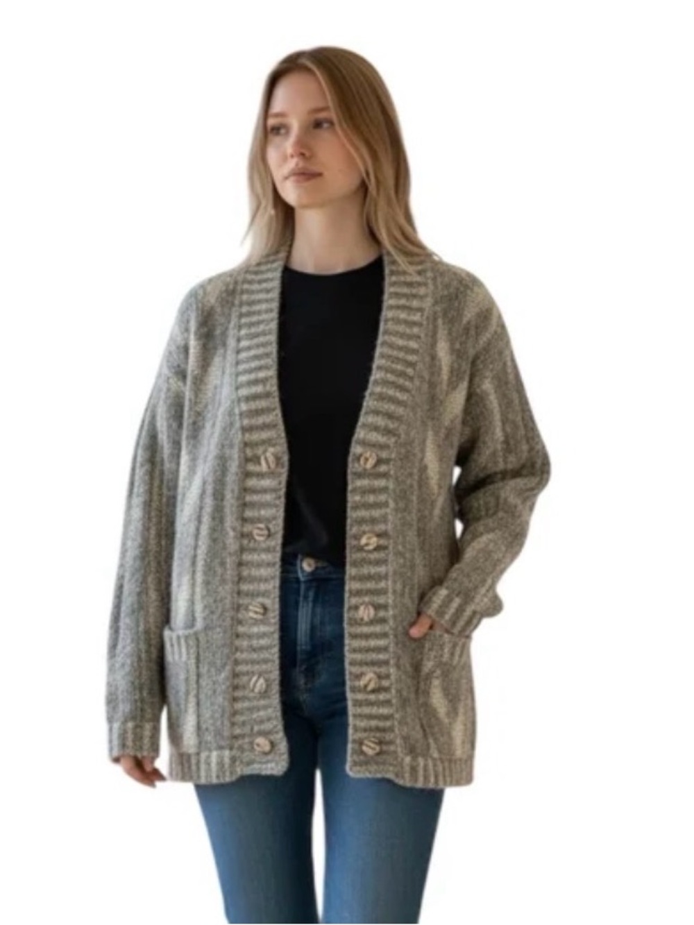 MERLIN Wool & Mohair Blend Button Up V Neck Long Sleeve Cardigan size L